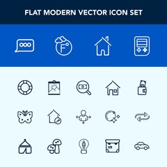 Modern, simple vector icon set with speech, house, picture, money, nature, fahrenheit, thermometer, frame, architecture, building, fly, pool, sign, ring, dollar, web, chat, temperature, find icons