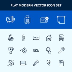 Modern, simple vector icon set with ben, tower, plane, big, radius, stick, travel, megaphone, comfortable, chair, point, message, sack, jet, london, money, announcement, office, clock, cycle icons