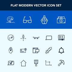 Modern, simple vector icon set with boat, talk, travel, interface, seafood, transport, chat, currency, business, concept, player, white, balance, sea, speech, no, sign, direction, board, skater icons