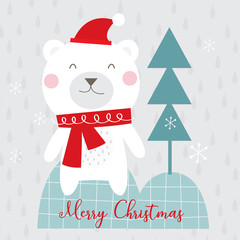 christmas greeting card with cute polar bear wearing shawl and hat