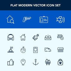 Modern, simple vector icon set with business, moon, space, weapon, home, badge, stereo, house, life, planet, mobile, cell, real, architecture, coin, estate, web, search, audio, download, bank,  icons