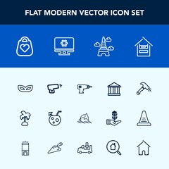 Modern, simple vector icon set with shovel, cart, drill, work, hand, france, greek, paris, weapon, greece, store, sky, mask, war, fashion, juice, nature, party, celebration, glass, construction icons