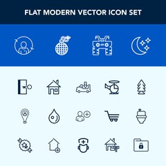 Modern, simple vector icon set with location, transport, pin, truck, abstract, landscape, exit, liquid, atv, building, home, air, sign, water, helicopter, shipping, quality, forest, extreme, map icons