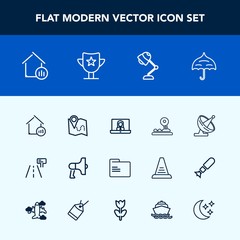 Modern, simple vector icon set with button, video, street, megaphone, white, rain, road, estate, interior, lamp, protection, loudspeaker, open, call, technology, electricity, location, price icons