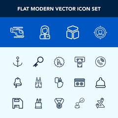 Modern, simple vector icon set with helm, marketing, phone, cube, rudder, call, lighter, clothing, transportation, finance, fashion, cash, business, bank, sign, flame, bell, wear, circle, door icons