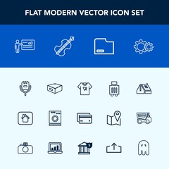 Modern, simple vector icon set with paper, luggage, appliance, microphone, card, action, drawer, plastic, sound, washer, tshirt, debit, roof, money, voice, building, karaoke, musical, typography icons