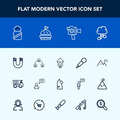 Modern, simple vector icon set with field, game, network, house, white, technology, vehicle, nature, structure, tipper, equipment, pole, birdhouse, magnetic, cloud, hierarchy, video, people, mic icons