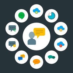cloud and networking, chat and messenger, time Infographic Circle flat Icons Set. Contains such Icons as  business,  computer,  network, data,  download,  media and more. Fully Editable. Pixel Perfect