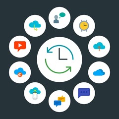 cloud and networking, chat and messenger, time Infographic Circle flat Icons Set. Contains such Icons as  update,  euro, audio,  media,  air, chat, message and more. Fully Editable. Pixel Perfect