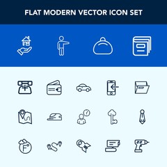 Modern, simple vector icon set with education, phone, leather, business, clock, internet, technology, time, book, finance, money, house, wallet, estate, transportation, vehicle, rent, mobile icons