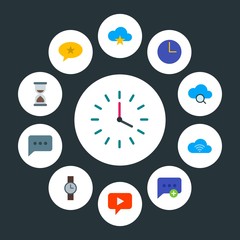 cloud and networking, chat and messenger, time Infographic Circle flat Icons Set. Contains such Icons as  web,  hand,  internet,  messaging,  wristwatch,  sign and more. Fully Editable. Pixel Perfect