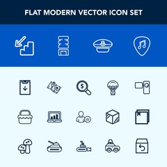 Modern, simple vector icon set with parachute, park, hat, tripod, retro, map, web, musical, chart, guitar, status, sky, jump, food, online, concept, white, road, picnic, parachuting, computer icons