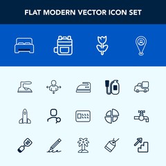 Modern, simple vector icon set with science, equipment, vehicle, spring, fire, double, floral, security, rocket, bank, location, ironing, backpack, bed, rucksack, iron, direction, flower, safe icons