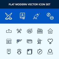 Modern, simple vector icon set with finance, weapon, pistol, building, speech, web, spotlight, white, download, light, money, debit, card, sky, research, scene, analysis, medicine, astronomy icons