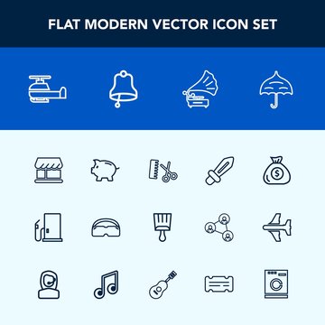 Modern, simple vector icon set with fashion, retro, petrol, paintbrush, business, music, umbrella, hair, gasoline, aviation, investment, record, weapon, rain, professional, banking, financial icons