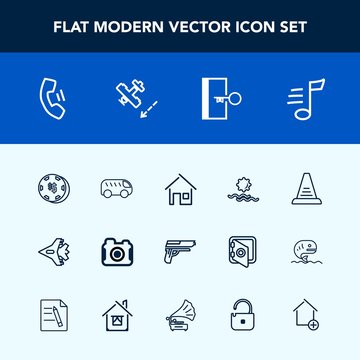 Modern, simple vector icon set with building, sunrise, plane, up, highway, airplane, photography, architecture, casino, sun, bus, photographer, mobile, business, step, telephone, move, risk, gun icons