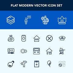 Modern, simple vector icon set with finance, button, cap, no, financial, royal, captain, weapon, player, container, queen, internet, interface, cancel, crown, hand, navy, war, grenade, arrow icons