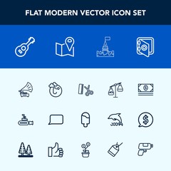 Modern, simple vector icon set with business, banking, hair, medieval, musical, boat, money, cream, temperature, scale, music, undersea, marine, balance, food, salon, speech, guitar, safe, talk icons