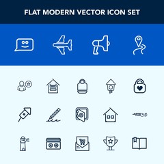 Modern, simple vector icon set with celebration, loudspeaker, hand, food, cart, safety, bag, event, map, home, write, store, wooden, object, safe, road, banking, location, supermarket, smile icons