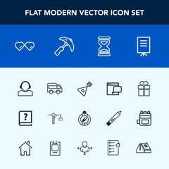 Modern, simple vector icon set with compass, glasses, business, construction, meeting, communication, presentation, bus, south, music, instrument, hammer, support, sunglasses, giftbox, web, box icons