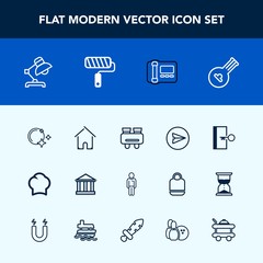 Modern, simple vector icon set with watch, europe, escape, night, home, vision, string, musical, internet, cook, lamp, male, sky, door, greek, instrument, music, man, star, search, message, boy icons