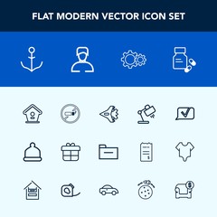 Modern, simple vector icon set with house, wheel, interior, addiction, box, folder, present, file, ship, rudder, decoration, communication, nautical, airplane, home, hat, cigarette, aircraft, no icons