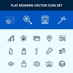 Modern, simple vector icon set with fish, car, package, chess, plastic, card, sport, money, fishing, van, white, game, rod, equipment, location, education, communication, magician, pencil, magic icons