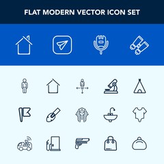 Modern, simple vector icon set with flag, house, road, national, pharaoh, home, science, estate, camp, message, place, laboratory, direction, egyptian, tent, construction, microscope, culture icons