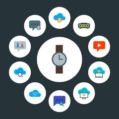 cloud and networking, chat and messenger, time Infographic Circle flat Icons Set. Contains such Icons as  wireless,  problem,  internet,  fashion,  statistics and more. Fully Editable. Pixel Perfect