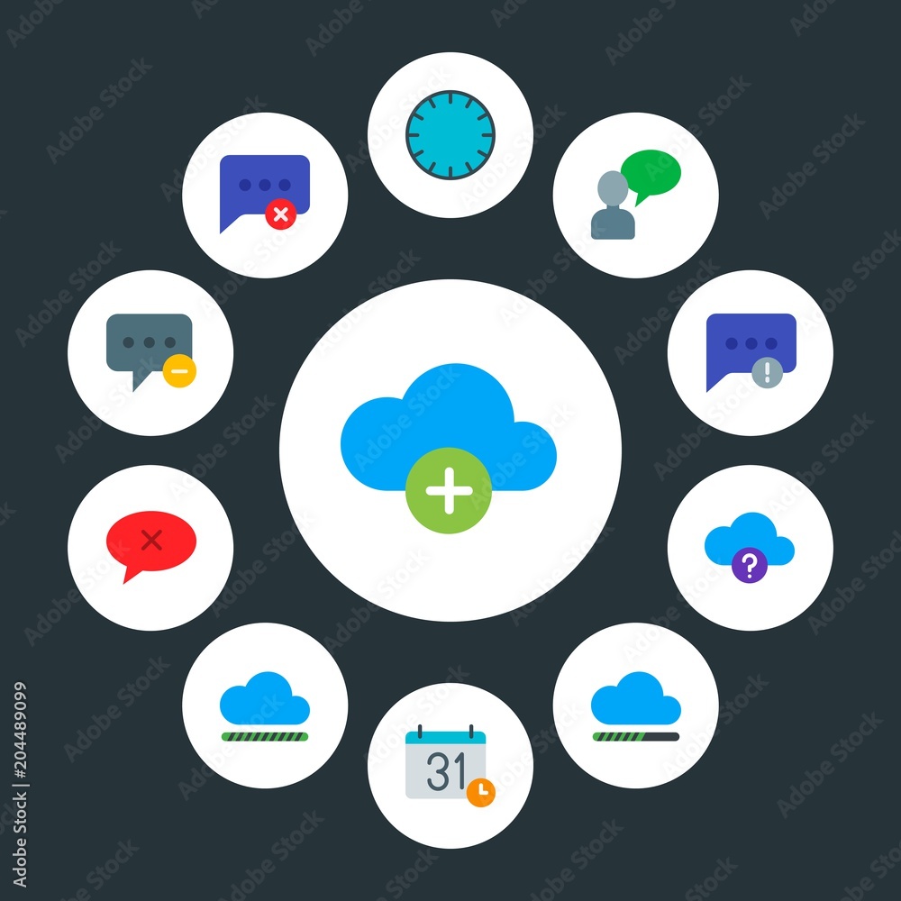 Poster cloud and networking, chat and messenger, time infographic circle flat icons set. contains such icon