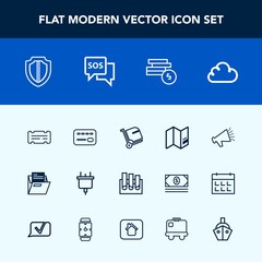 Modern, simple vector icon set with cash, travel, medical, help, security, cloud, bank, power, balance, speaker, world, analysis, loud, map, file, business, folder, research, protect, blank, bag icons