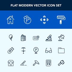 Modern, simple vector icon set with vehicle, interior, balloon, cafe, card, bar, technology, bank, brush, roll, research, music, air, architecture, temperature, table, credit, road, building icons