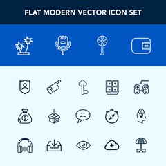 Modern, simple vector icon set with money, safe, key, web, tree, banking, cash, finance, pointing, business, protection, tropical, bubble, message, bank, financial, karaoke, chat, electric, palm icons
