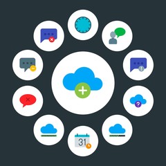 cloud and networking, chat and messenger, time Infographic Circle flat Icons Set. Contains such Icons as  load,  question,  business,  sand,  time,  text,  data and more. Fully Editable. Pixel Perfect