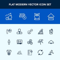 Modern, simple vector icon set with computer, cash, player, owl, juice, biology, people, drink, business, air, microscope, video, real, male, employer, work, animal, cocktail, research, employee icons