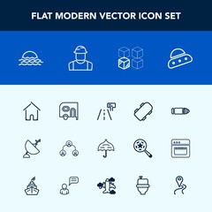 Modern, simple vector icon set with umbrella, estate, morning, white, structure, road, van, house, antenna, hierarchy, architecture, sun, bullet, weapon, ufo, business, skate, delivery, people icons