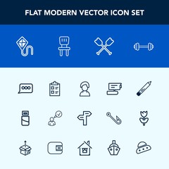 Modern, simple vector icon set with internet, tv, stationery, arrow, mark, chat, office, boat, pen, fitness, fun, message, exercise, online, sport, record, sky, camera, profile, direction, sign icons