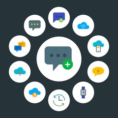 cloud and networking, chat and messenger, time Infographic Circle flat Icons Set. Contains such Icons as  money,  messaging,  technology,  phone,  improve,  add and more. Fully Editable. Pixel Perfect