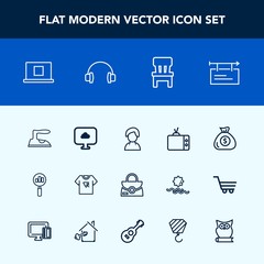 Modern, simple vector icon set with web, print, music, chair, money, blank, internet, housework, tshirt, female, typography, sign, finance, poster, object, billboard, human, iron, style, search icons