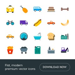 Modern Simple Set of transports, food, industry, hotel Vector flat Icons. Contains such Icons as minibus,  bus,  cab, food, chicken,  food and more on white background. Fully Editable. Pixel Perfect