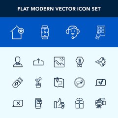 Modern, simple vector icon set with home, location, office, map, house, photography, center, winner, profile, jetliner, business, time, internet, place, photo, male, call, sound, web, road, pin icons