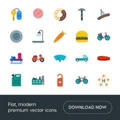 Modern Simple Set of transports, food, industry, hotel Vector flat Icons. Contains such Icons as food, motorbike,  sign,  dessert, hotel and more on white background. Fully Editable. Pixel Perfect