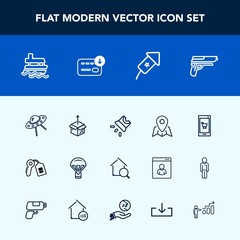 Modern, simple vector icon set with estate, travel, location, home, video, gun, sign, house, unpacking, search, package, vessel, ocean, screen, cardboard, ufo, map, boat, key, extreme, projector icons