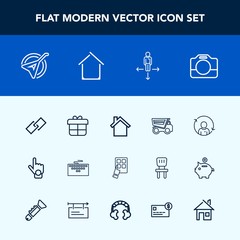 Modern, simple vector icon set with gift, hand, dump, keyboard, work, equipment, handle, vehicle, telephone, video, present, hyperlink, cell, home, truck, road, string, mobile, technology, folk icons