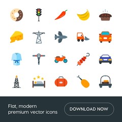 Modern Simple Set of transports, food, industry, hotel Vector flat Icons. Contains such Icons as  green,  donut, travel, hot,  building and more on white background. Fully Editable. Pixel Perfect