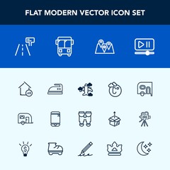 Modern, simple vector icon set with road, map, sign, cell, vision, flight, clothes, mobile, temperature, domestic, interface, delivery, pin, traffic, price, travel, ironing, touchscreen, vehicle icons