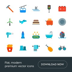 Modern Simple Set of transports, food, industry, hotel Vector flat Icons. Contains such Icons as  cloth,  hygiene,  energy,  rocket, water and more on white background. Fully Editable. Pixel Perfect