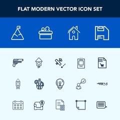 Modern, simple vector icon set with ben, travel, list, war, airplane, estate, badge, hand, electricity, aircraft, big, london, clock, handgun, weapon, grenade, blue, plane, birdhouse, gun, bulb icons