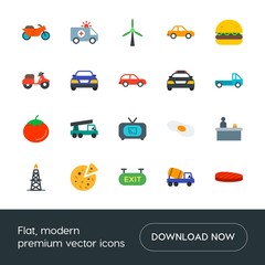 Naklejka premium Modern Simple Set of transports, food, industry, hotel Vector flat Icons. Contains such Icons as people, motorcycle, technology, bike and more on white background. Fully Editable. Pixel Perfect