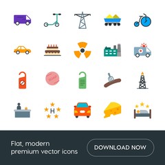 Modern Simple Set of transports, food, industry, hotel Vector flat Icons. Contains such Icons as  desk,  hotel,  truck,  star,  sausage, car and more on white background. Fully Editable. Pixel Perfect